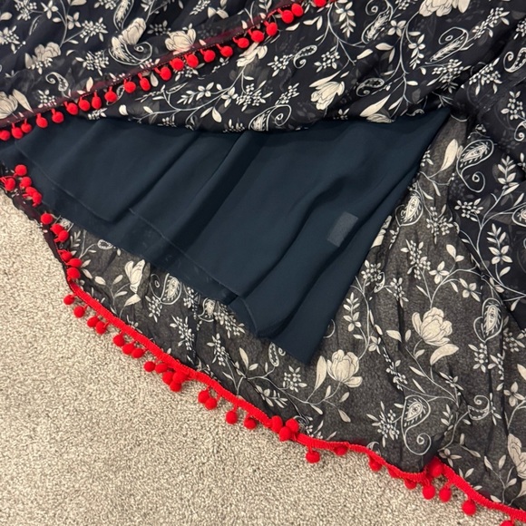 Johnny Was Jade Susila Silk Dress Red Pom Trim Blue White Print Size Medium NWOT - Picture 6 of 9